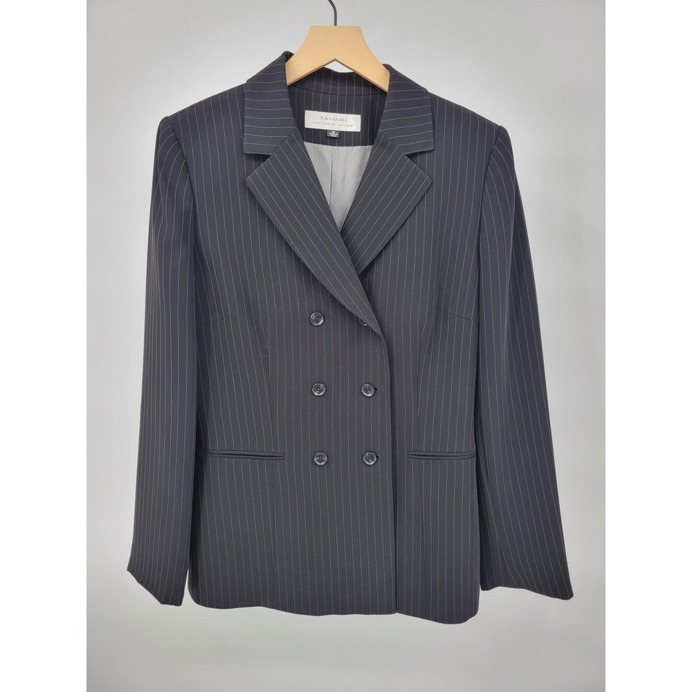 Tahari Pinstripe Double Breasted Black Blazer Jacket 10 Charcoal